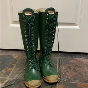 Green lace up Hunter rain boots